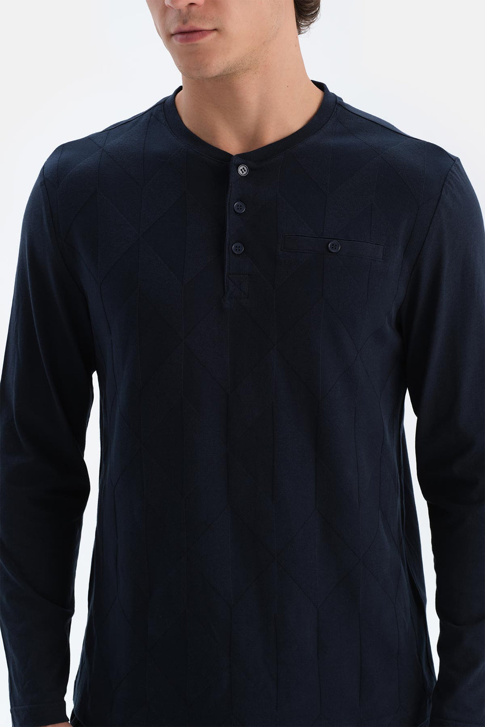 Lacivert Uzun Kollu Jakar Detaylı Tişört Pantolon Pijama Takımı