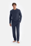 Lacivert Yarım Patlı Uzun Kollu Tişört Pantolon Pijama Takımı