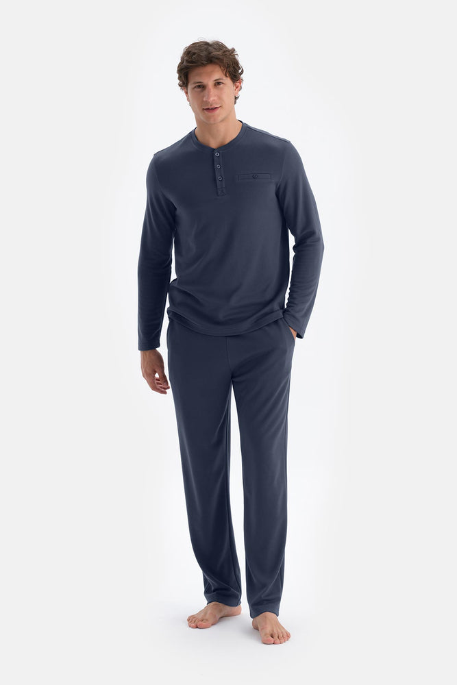 Lacivert Yarım Patlı Uzun Kollu Tişört Pantolon Pijama Takımı