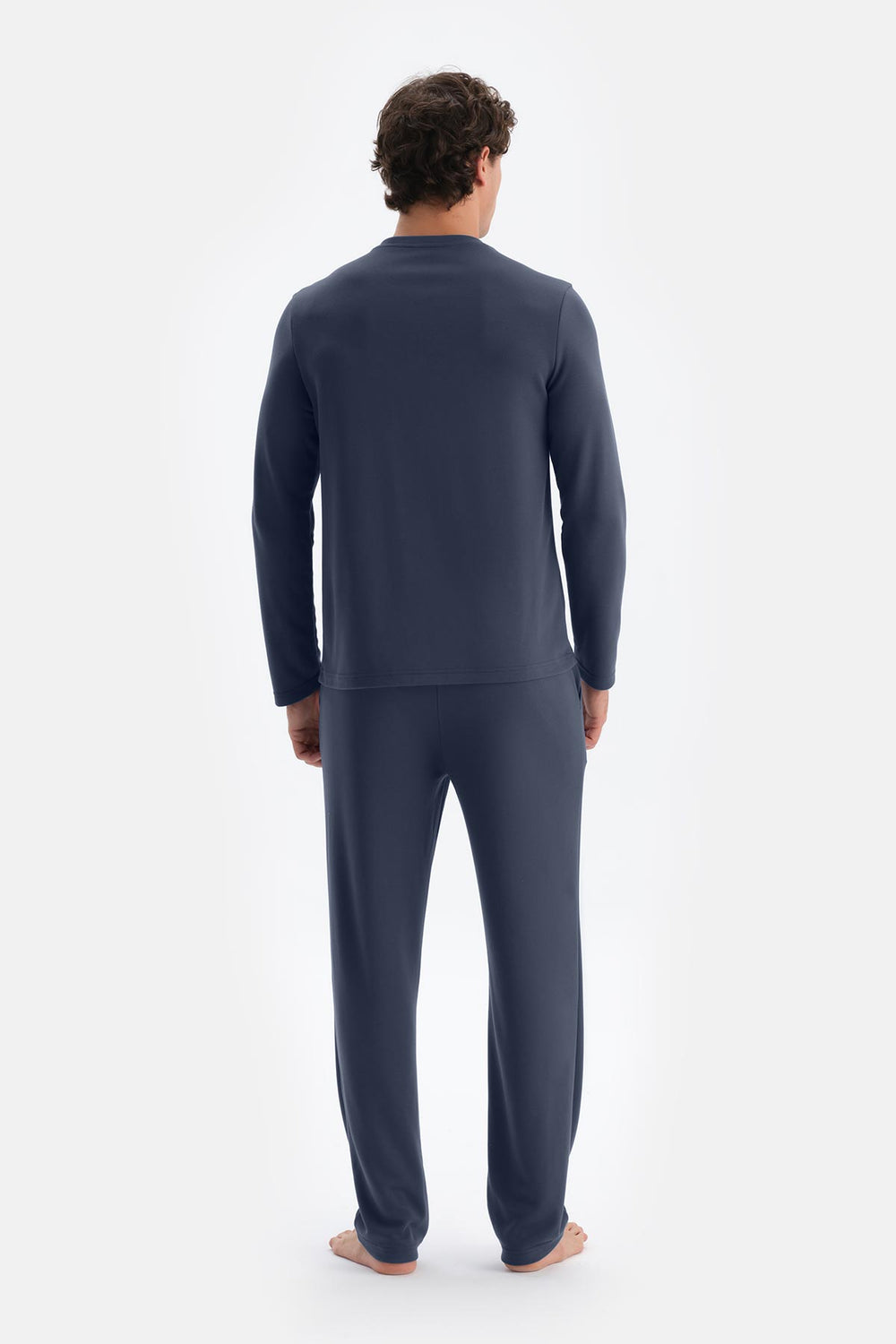 Lacivert Yarım Patlı Uzun Kollu Tişört Pantolon Pijama Takımı