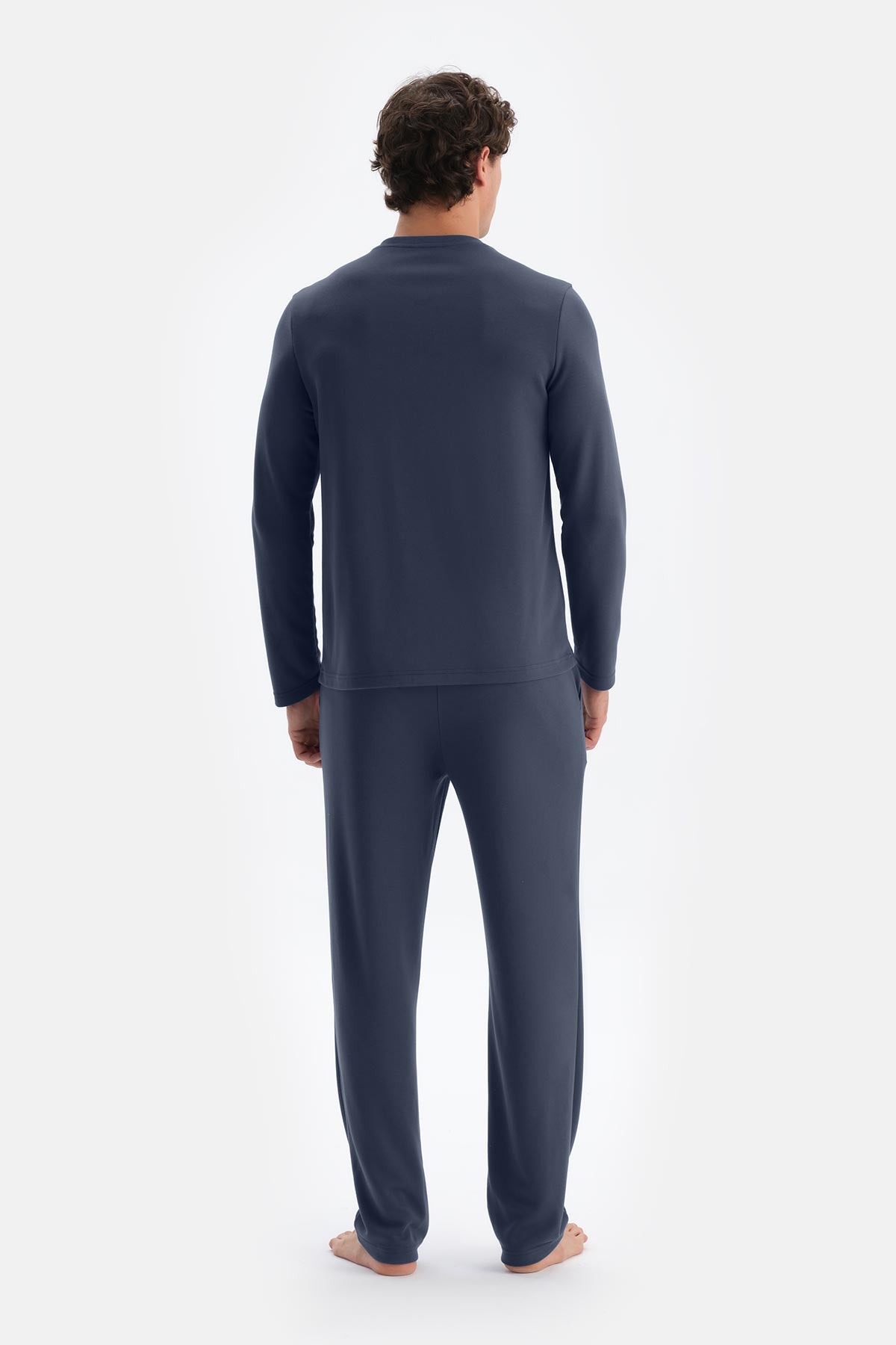 Lacivert Yarım Patlı Uzun Kollu Tişört Pantolon Pijama Takımı