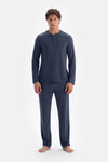 Lacivert Yarım Patlı Uzun Kollu Tişört Pantolon Pijama Takımı