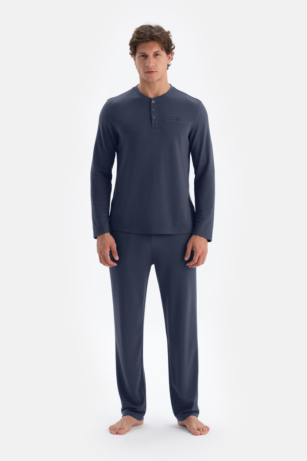 Lacivert Yarım Patlı Uzun Kollu Tişört Pantolon Pijama Takımı