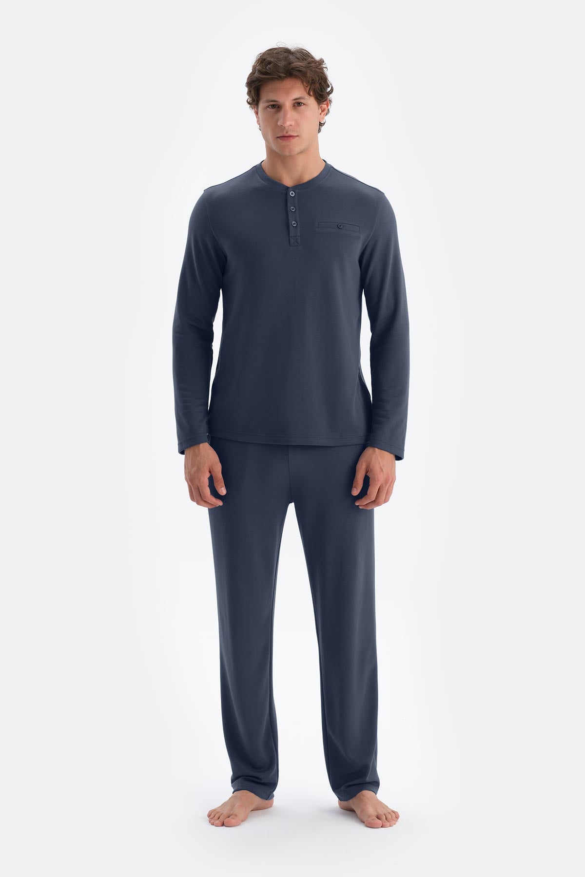 Lacivert Yarım Patlı Uzun Kollu Tişört Pantolon Pijama Takımı