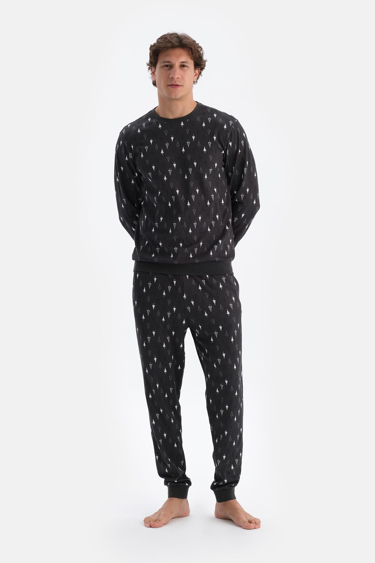 Antrasıt Metraj Desenli Ipek Apre Interlok Pijama Takımı