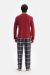 Bordo Yarım Patlı Uzun Kollu Ekose Pantolonlu Pijama Takımı