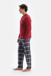 Bordo Yarım Patlı Uzun Kollu Ekose Pantolonlu Pijama Takımı