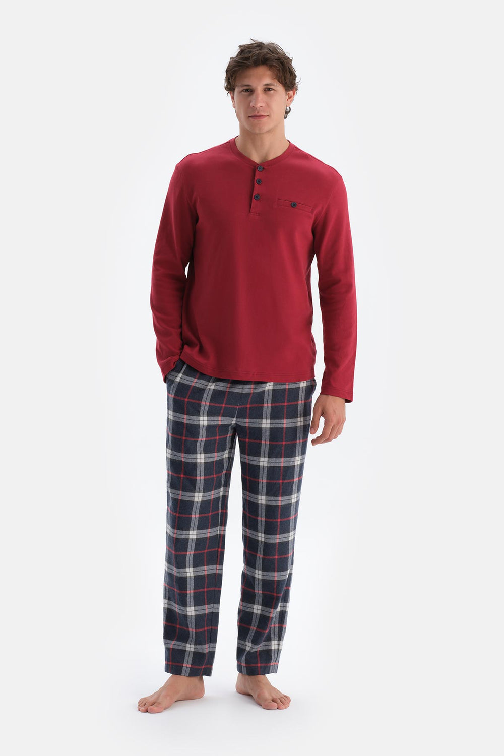 Bordo Yarım Patlı Uzun Kollu Ekose Pantolonlu Pijama Takımı