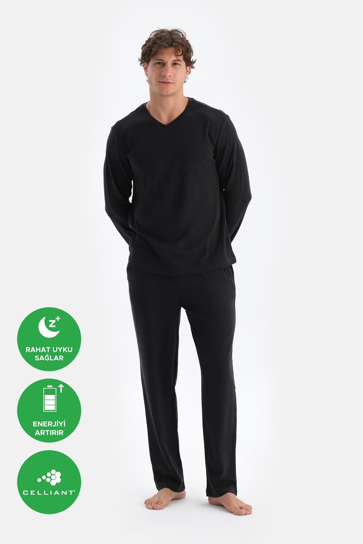 Siyah V Yaka Uzun Kollu Celliant Pijama Takımı