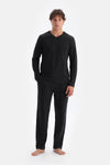 Siyah V Yaka Uzun Kollu Celliant Pijama Takımı