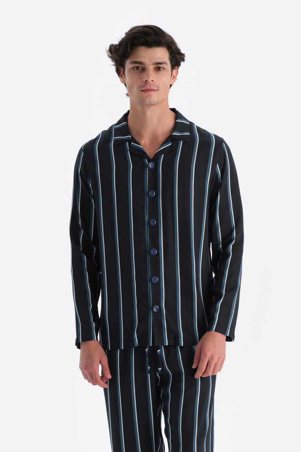 Lacivert Çizgili Viskon Dokuma Gömlek