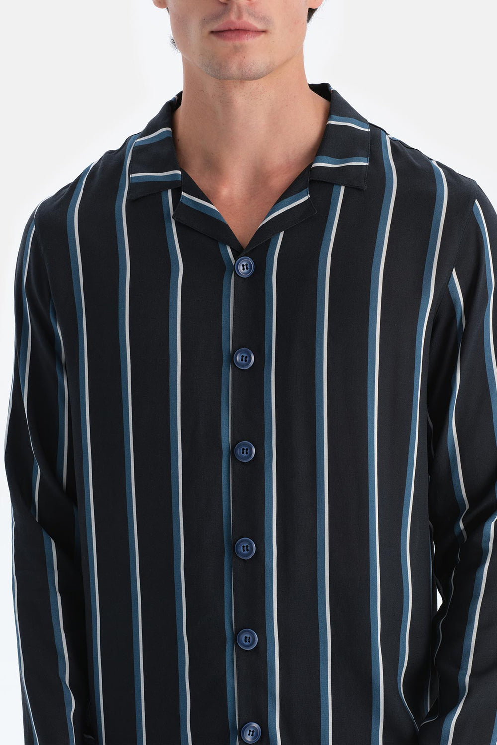 Lacivert Çizgili Viskon Dokuma Gömlek
