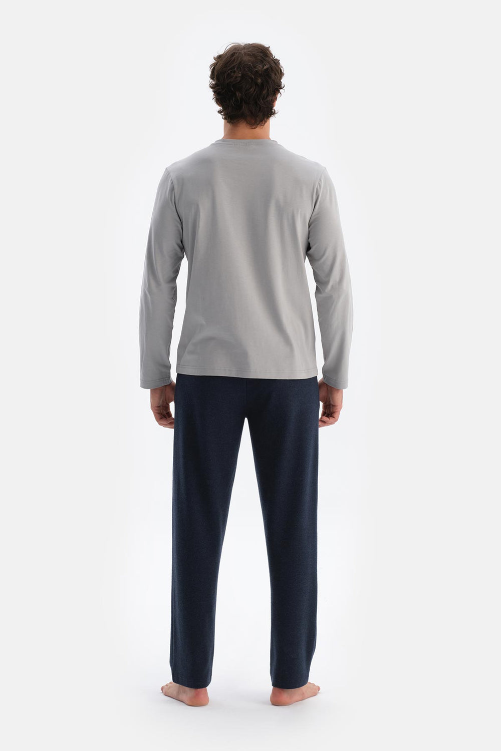 Gri Bisiklet Yaka Pamuk Pijama Üstü