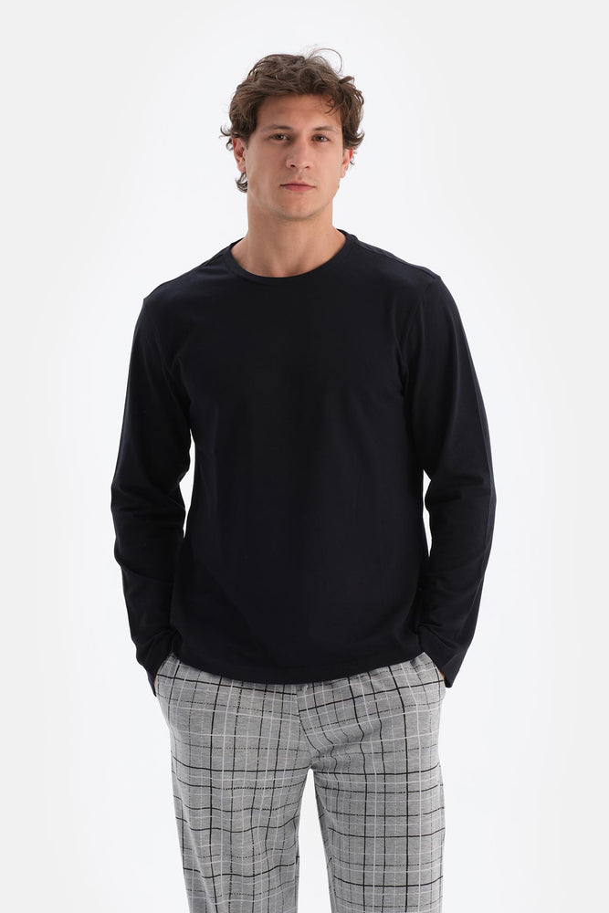 Lacivert Bisiklet Yaka Pamuk Pijama Üstü