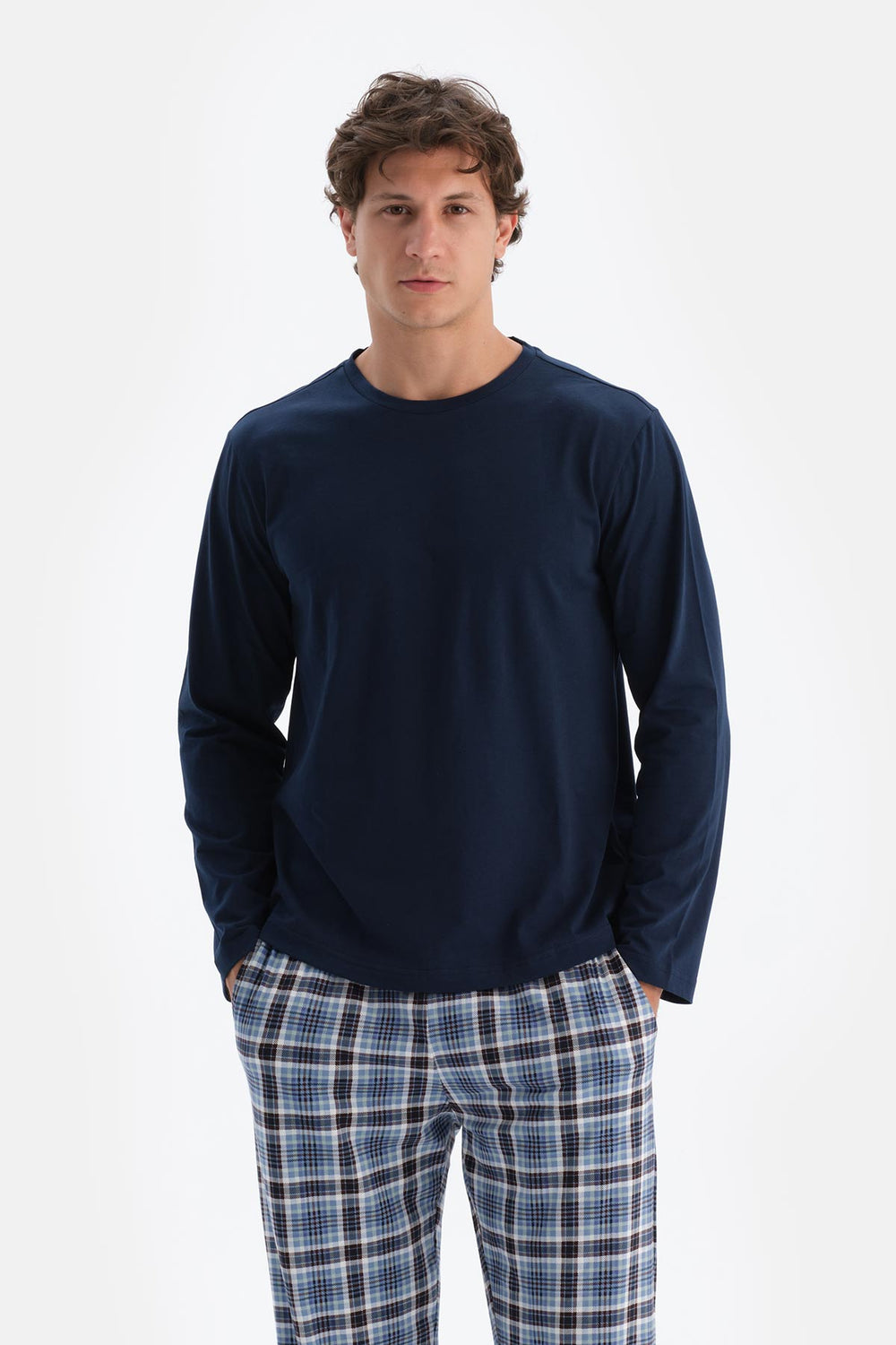 Indigo Bisiklet Yaka Pamuk Pijama Üstü