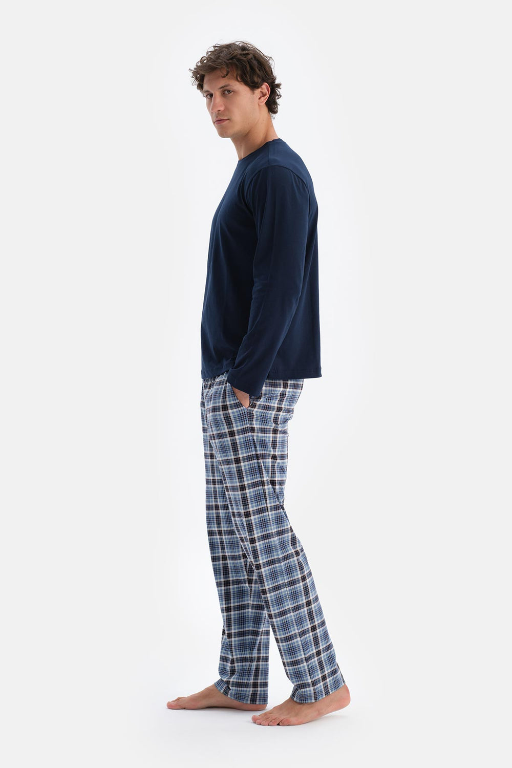 Indigo Bisiklet Yaka Pamuk Pijama Üstü