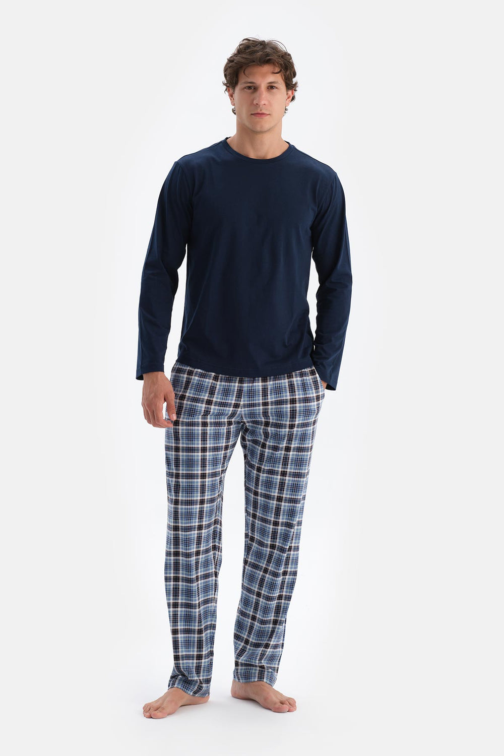 Indigo Bisiklet Yaka Pamuk Pijama Üstü