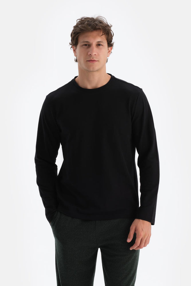 Siyah Bisiklet Yaka Pamuk Pijama Üstü