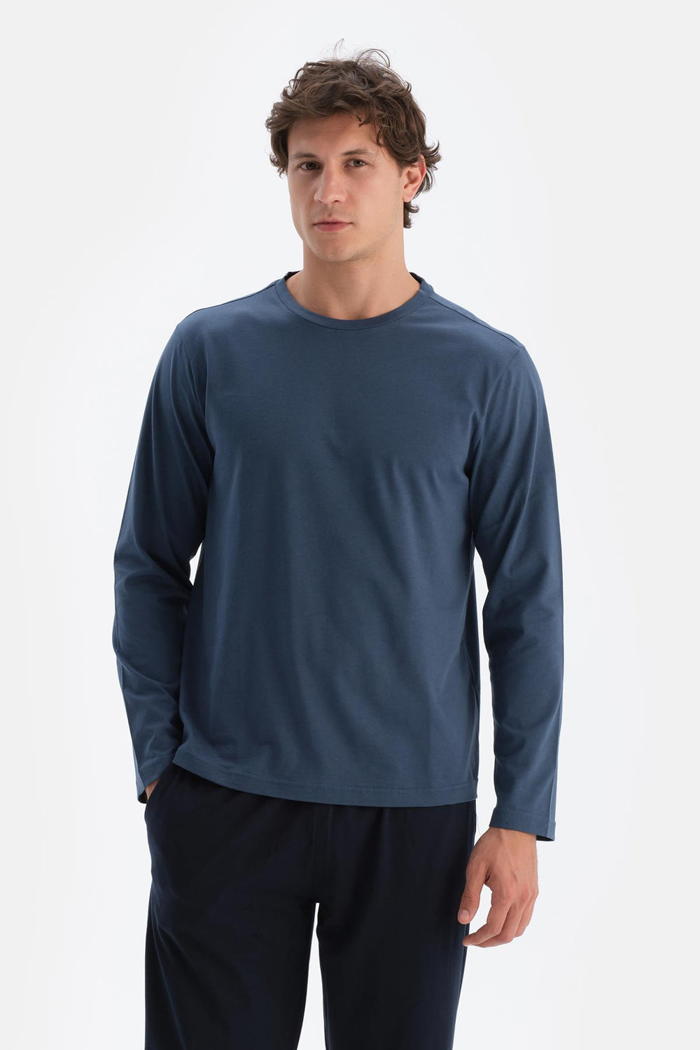 Koyu Indigo Bisiklet Yaka Pamuk Pijama Üstü