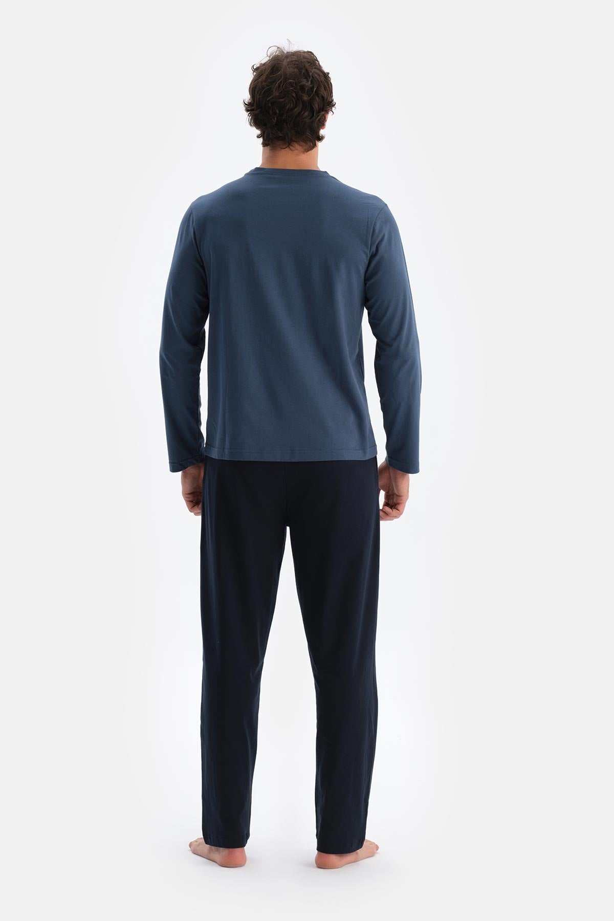 Koyu Indigo Bisiklet Yaka Pamuk Pijama Üstü