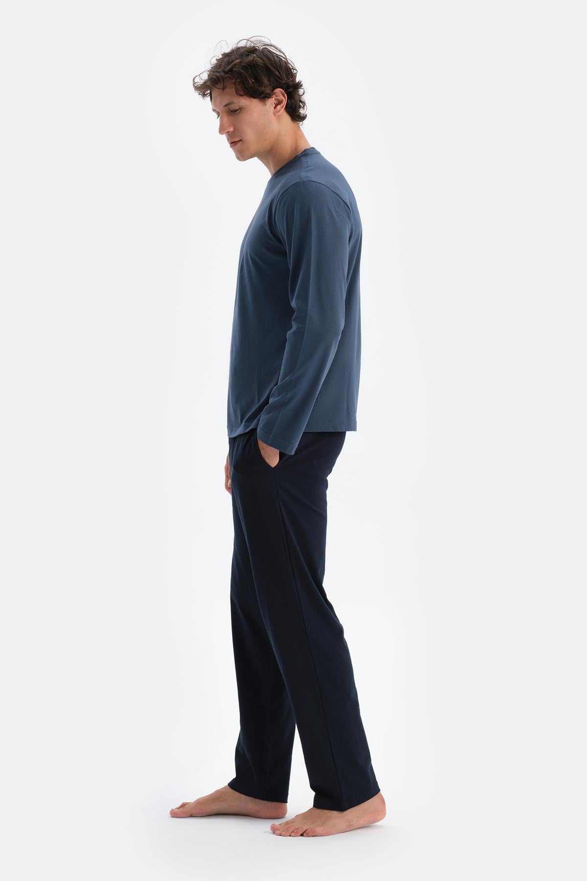 Koyu Indigo Bisiklet Yaka Pamuk Pijama Üstü
