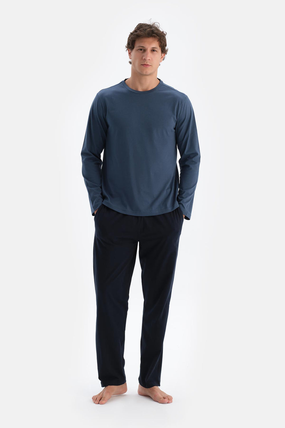 Koyu Indigo Bisiklet Yaka Pamuk Pijama Üstü