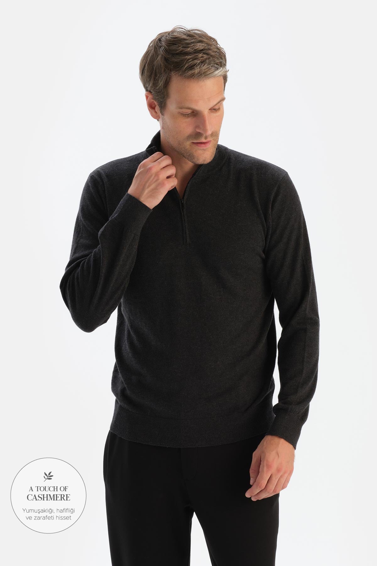 Antrasıt Erkek Kaşmir Karışımlı Fermuar Yaka Triko