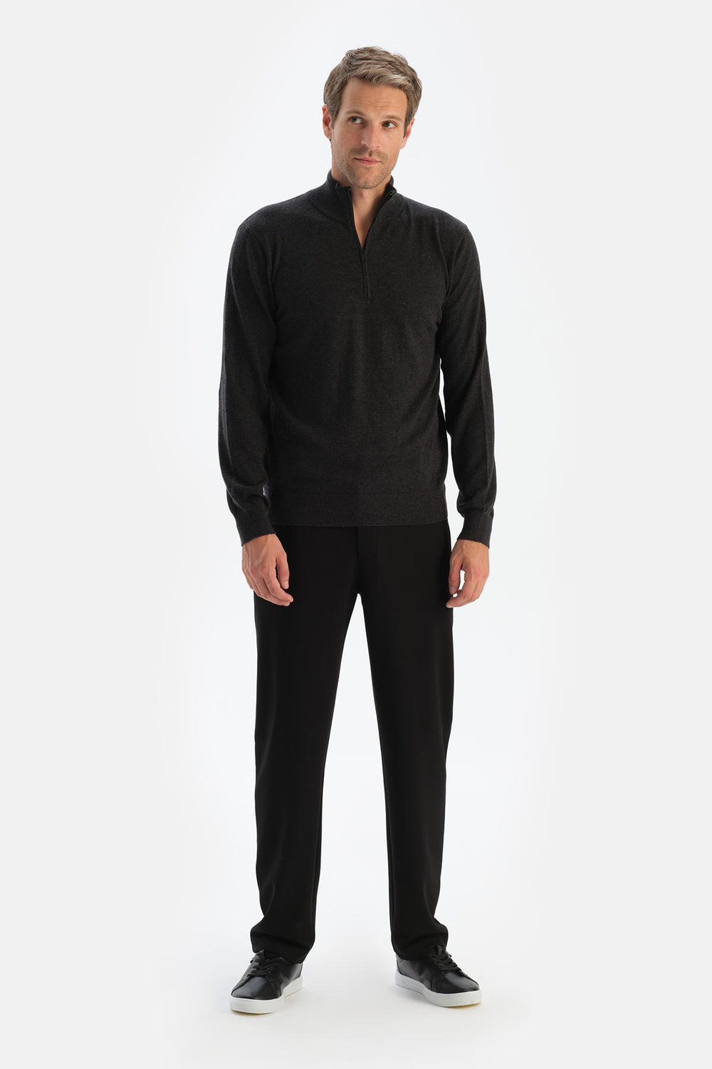 Antrasıt Erkek Kaşmir Karışımlı Fermuar Yaka Triko