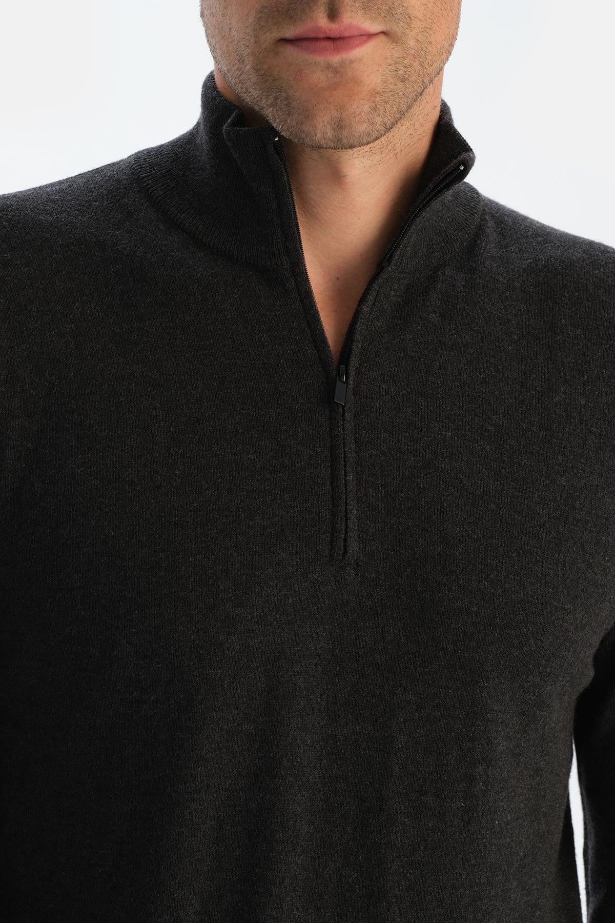 Antrasıt Erkek Kaşmir Karışımlı Fermuar Yaka Triko