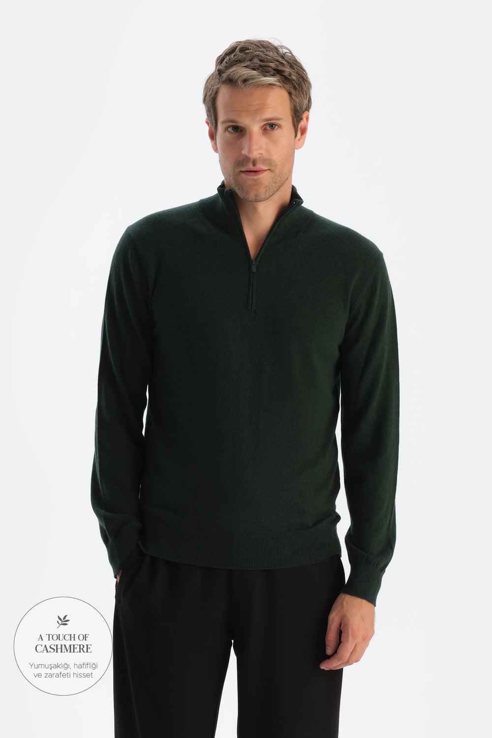 Koyu Yeşil Erkek Kaşmir Karışımlı Fermuar Yaka Triko