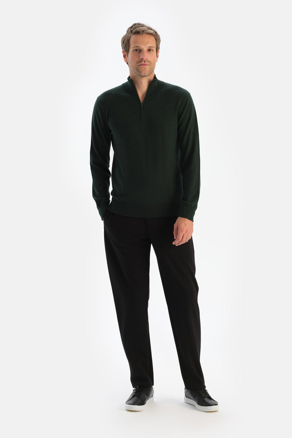 Koyu Yeşil Erkek Kaşmir Karışımlı Fermuar Yaka Triko