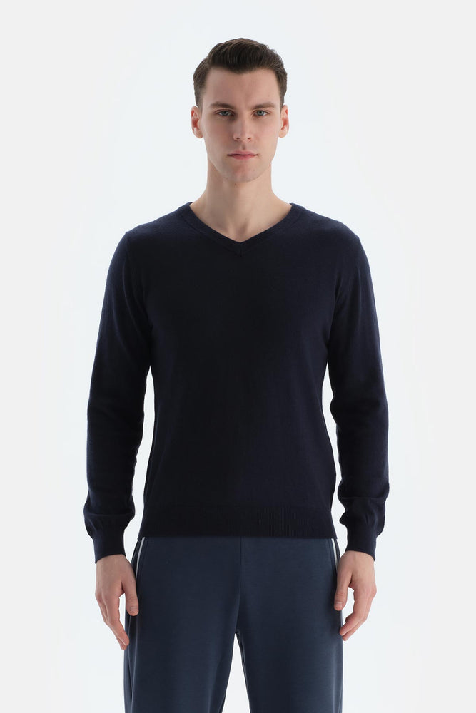 Lacivert Erkek Kaşmir Karışımlı V Yaka Triko