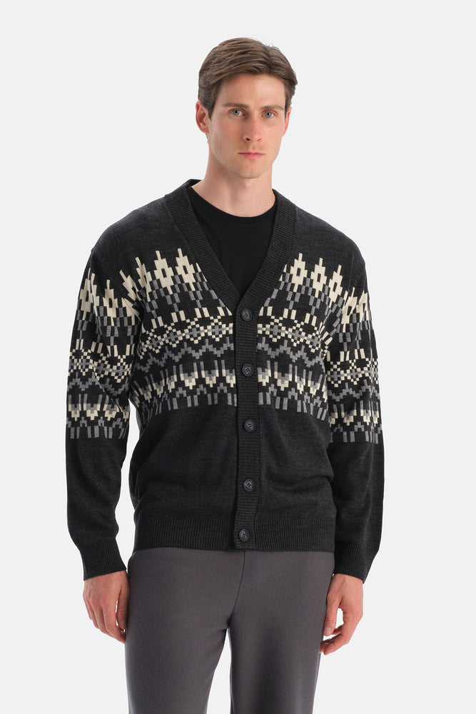 Antrasıt Erkek Yılbaşı Desenli Triko Hırka