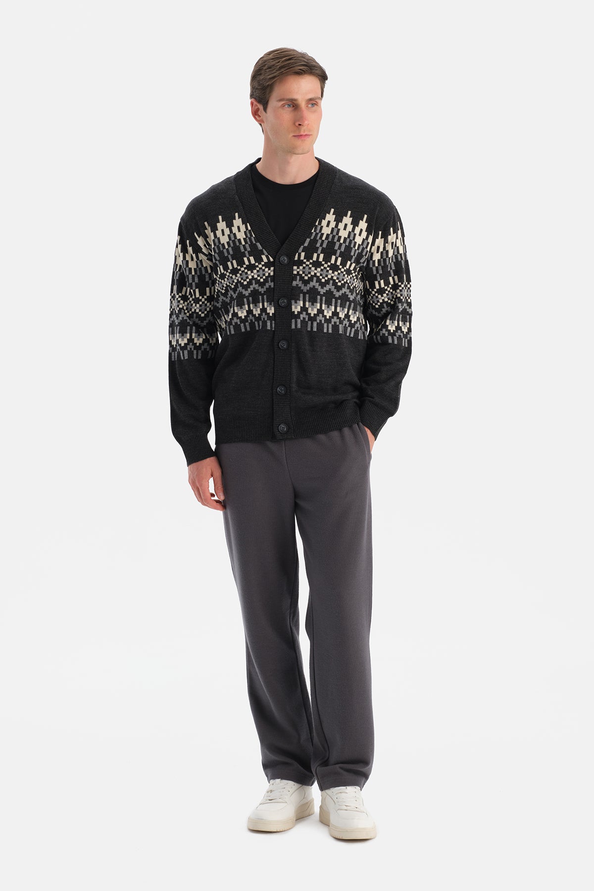 Antrasıt Erkek Yılbaşı Desenli Triko Hırka