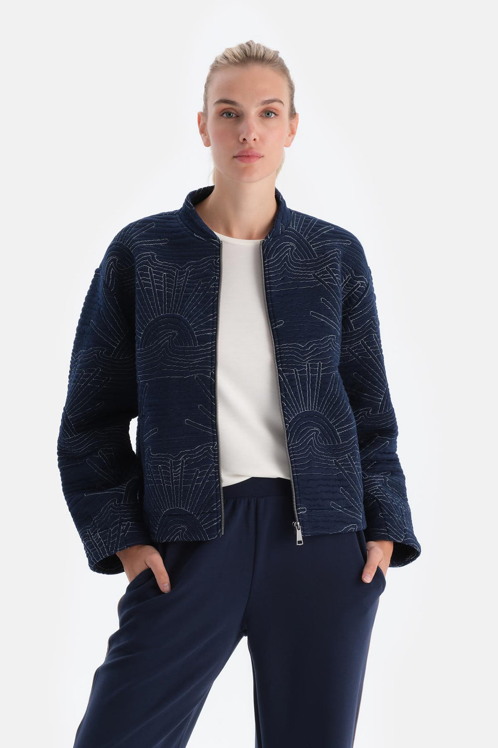 Navy WOMENS EMBROIDERY QUILTED COAT