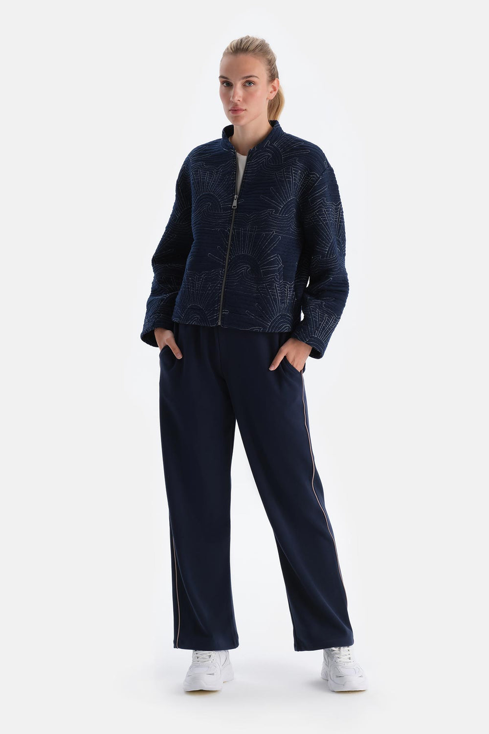 Navy WOMENS EMBROIDERY QUILTED COAT