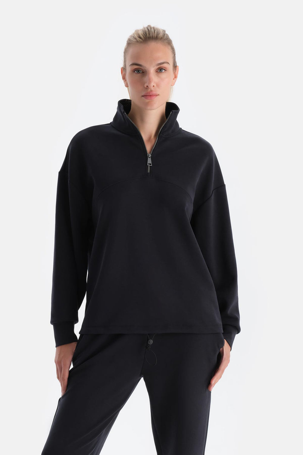 Black WOMENS HALF ZIPPER MODAL SWEATSHIRT