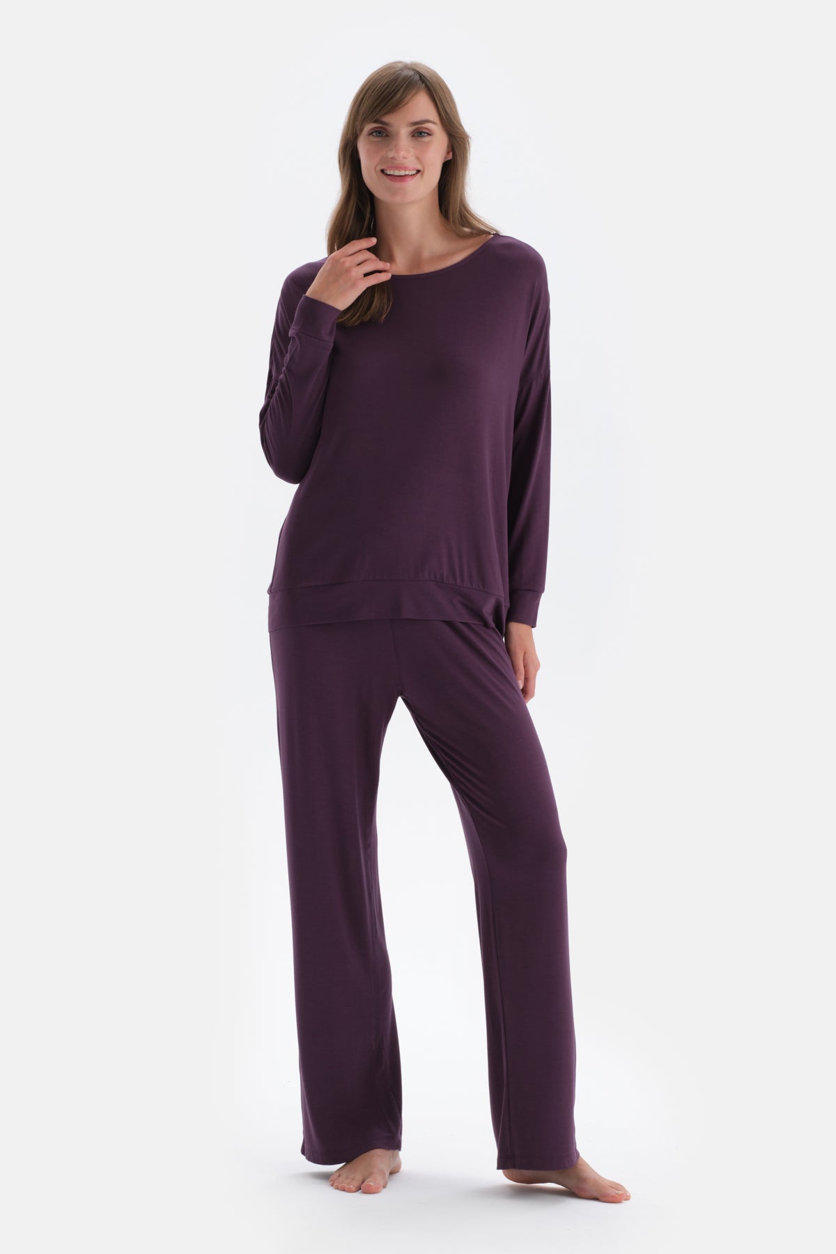 Purple BOAT NECK LONG SLEEVE COTTON MODAL KNITTED PAJAMAS SUIT