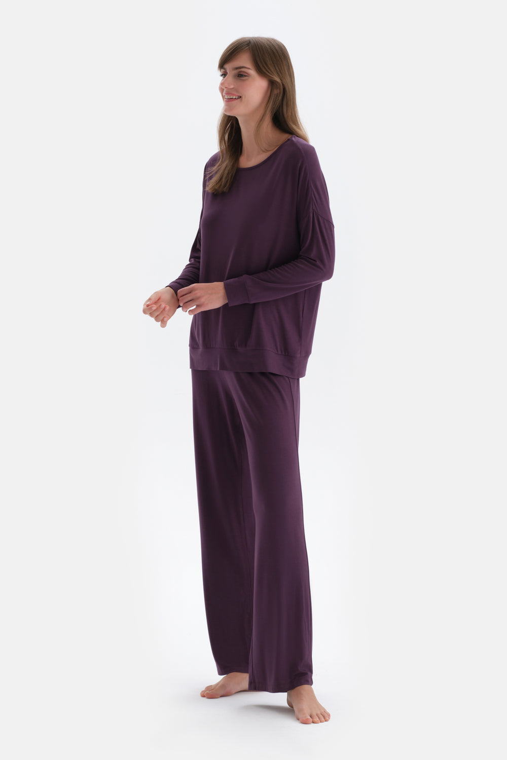 Purple BOAT NECK LONG SLEEVE COTTON MODAL KNITTED PAJAMAS SUIT