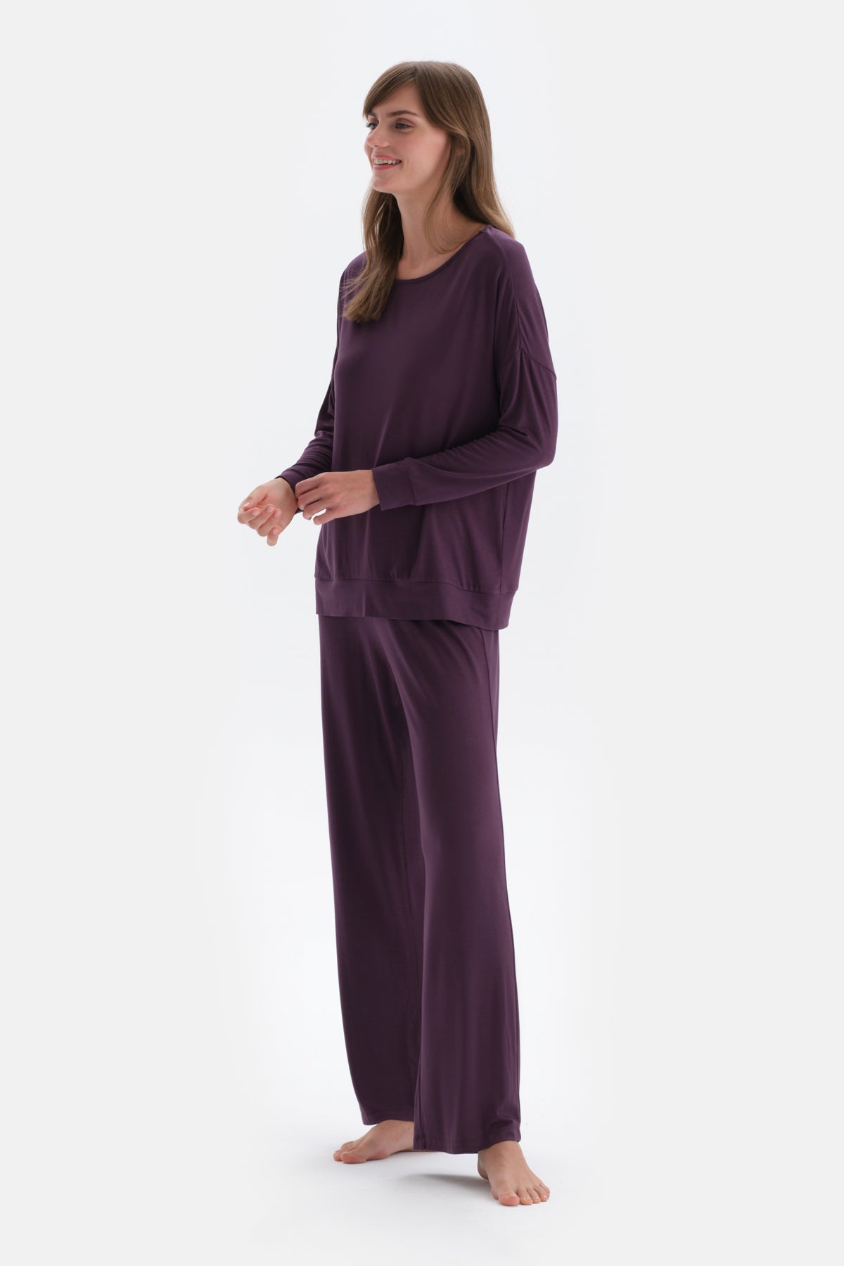 Purple BOAT NECK LONG SLEEVE COTTON MODAL KNITTED PAJAMAS SUIT