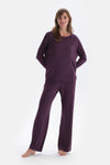 Purple BOAT NECK LONG SLEEVE COTTON MODAL KNITTED PAJAMAS SUIT