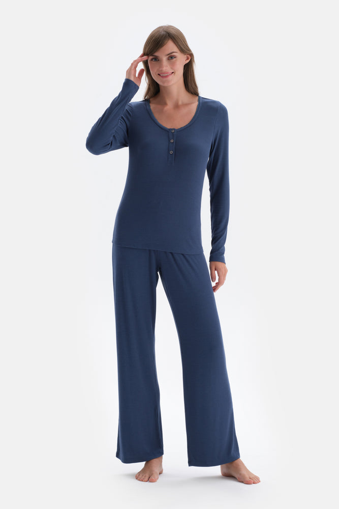 Indigo RIBBED KNITTED PAJAMAS SUIT WITH ROUND NECK