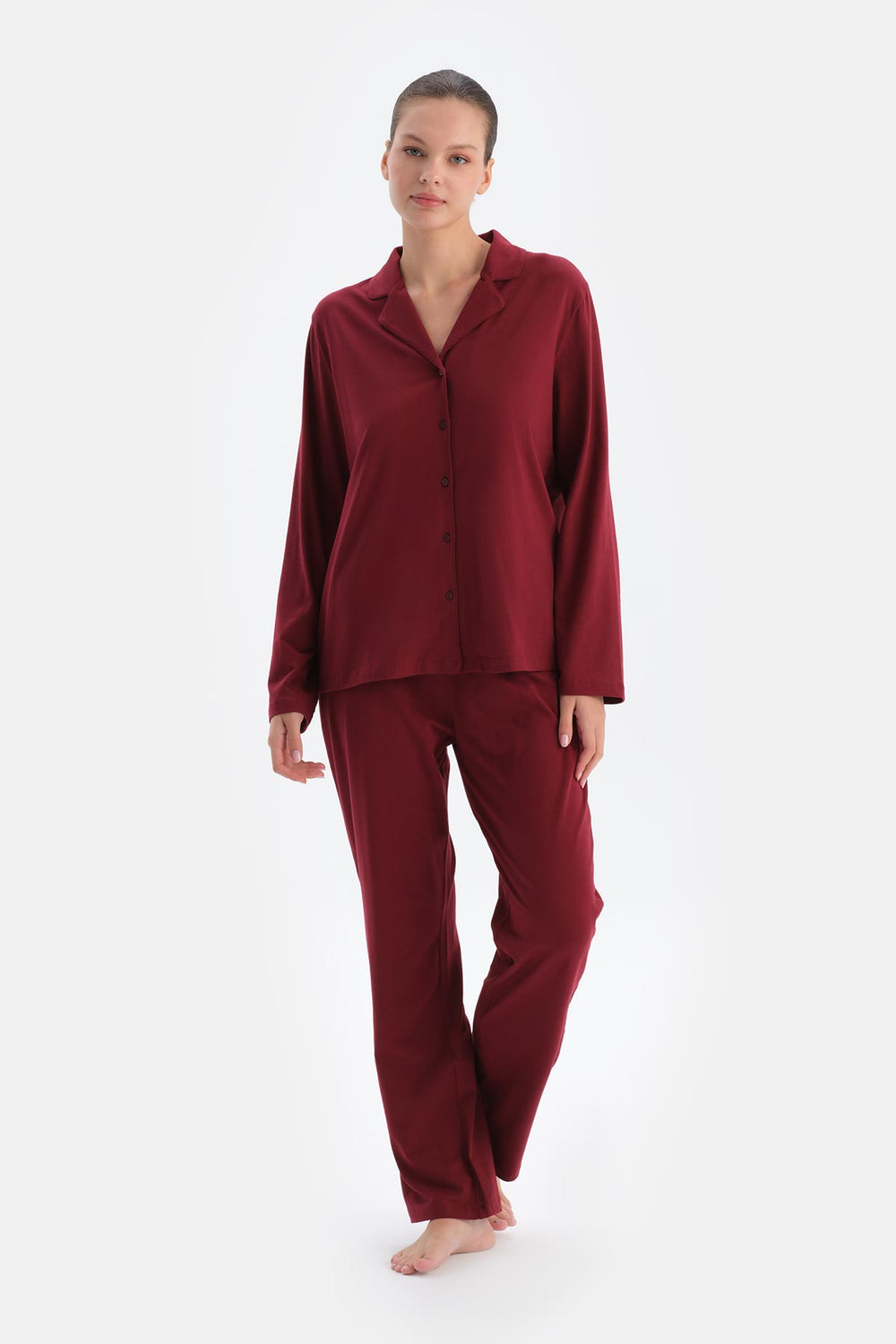 Bordo Kadın Gömlek Pijama Takımı