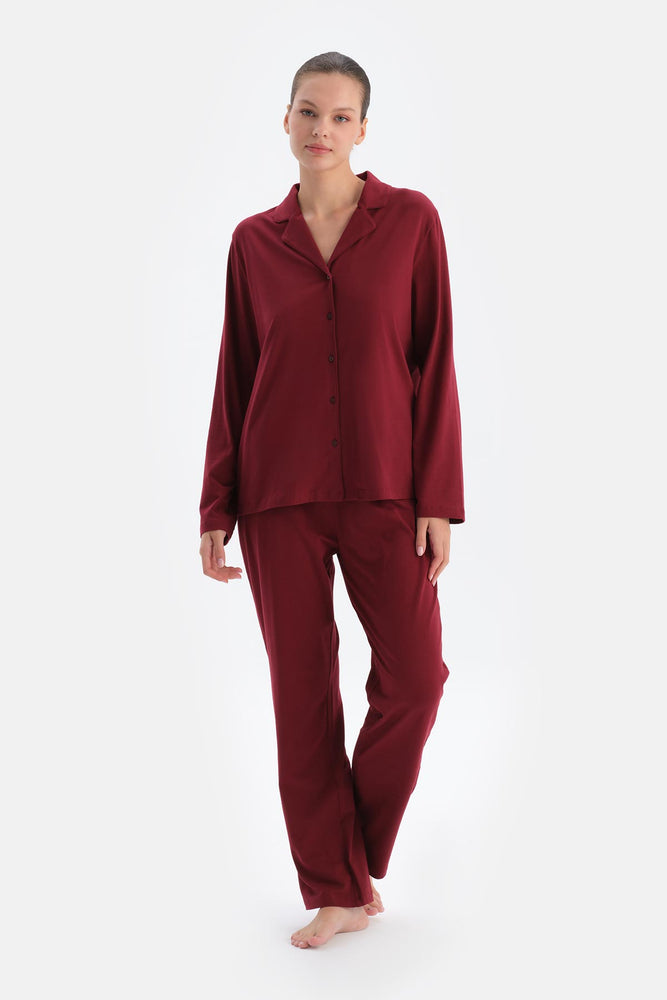 Bordo Kadın Gömlek Pijama Takımı