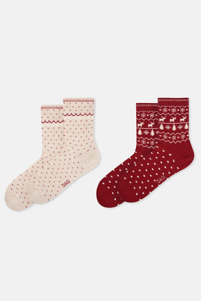 Beige-Red WOMENS COTTON ZIGZAG TEXTURED SOCKS