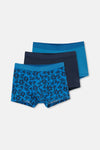 Mavi-Siyah 3'lü Desenli Pamuk Boxer