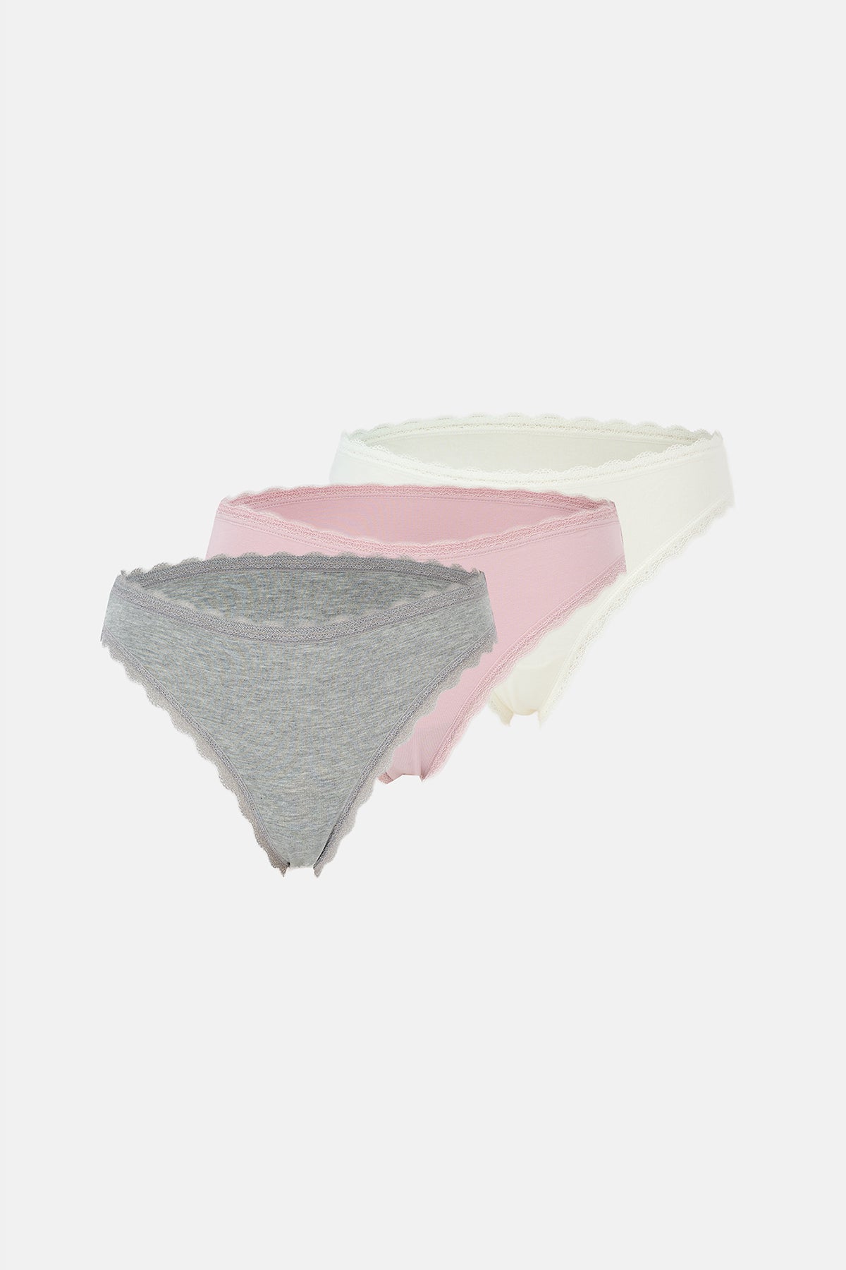Ekru-Gri Melanj-Gül Kurusu Kadın 3'lü Dantel Detaylı Düz Brief Külot