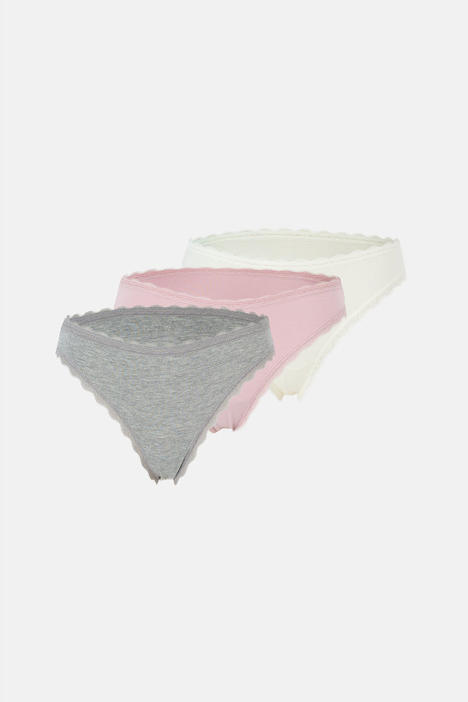 Ekru-Gri Melanj-Gül Kurusu Kadın 3'lü Dantel Detaylı Düz Brief Külot