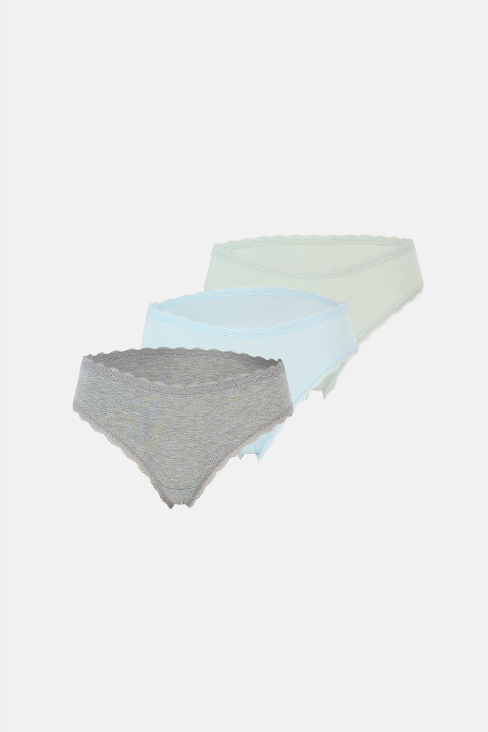 Açık Mavi-Gri Melanj-Mint Kadın 3'lü Dantel Detaylı Düz Hipster Külot