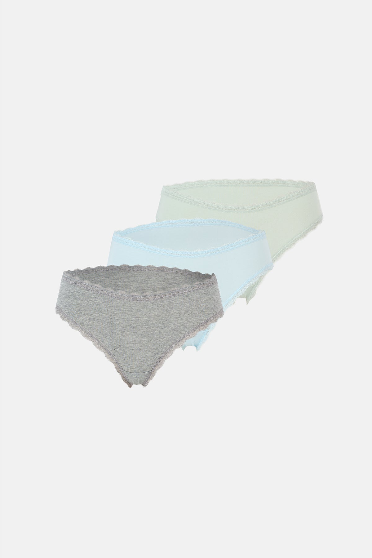 Açık Mavi-Gri Melanj-Mint Kadın 3'lü Dantel Detaylı Düz Hipster Külot